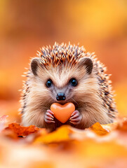 Fototapeta premium Hedgehog holding heart, autumn leaves