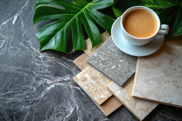 Coffee,  leafy decor,  and various tiles