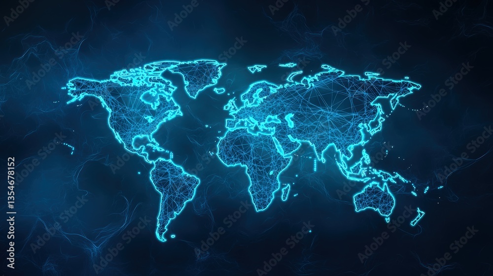 Poster a digital representation of a world map with interconnected lines, showcasing a futuristic network c
