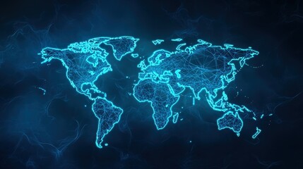 A digital representation of a world map with interconnected lines, showcasing a futuristic network concept.