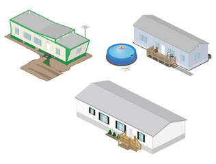 Isometric mobile home, single wide, and double wide illustration with some props