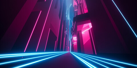 Neon-lit city street scene with pink and blue glowing lines, showcasing a futuristic and vibrant urban landscape, ideal for a technological or gaming background