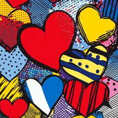 Colorful pop art background featuring various hearts in different sizes, shapes, and patterns. The design includes bold lines, halftone dots, comic-style textures