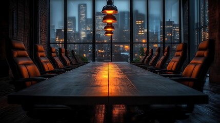 Plakat Cityscape view, boardroom meeting, night, urban office