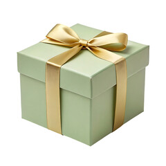 Pastel green gift box with gold ribbon.