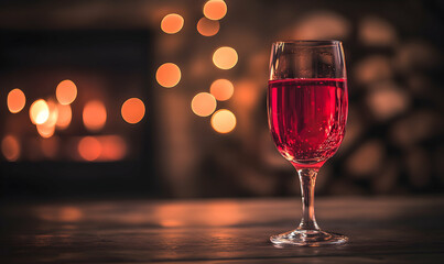 A glass of red wine sits on a wooden table in front of a warm, inviting fireplace, creating a cozy and romantic atmosphere.