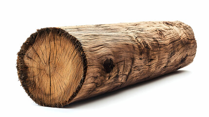Aged, cylindrical tree trunk, isolated on white background.  Detailed wood grain