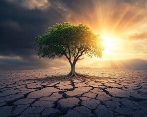 Resilient tree in cracked earth, dramatic sky with sunlight shining down, survival in arid conditions, environmental strength and renewal