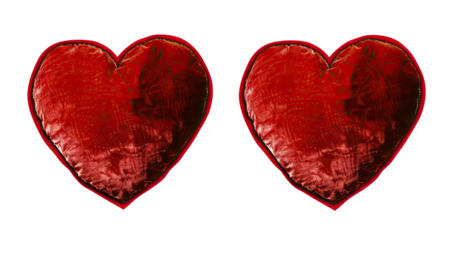 Two Hearts, One Love: A pair of intricately textured red hearts side by side, symbolizing affection and romance, against a clean backdrop.