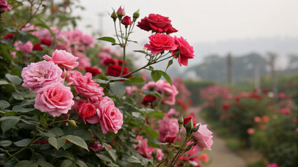 Lush Pink and Red Roses Climbing a Fence