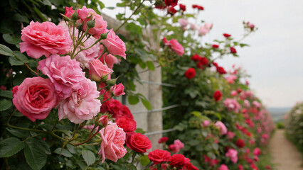 Naklejka premium Lush Pink and Red Roses Climbing a Fence