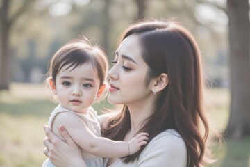 Loving Mother Holding Cute Baby Girl in Park, Natural Light, Family Bonding, Motherhood, Child Portrait