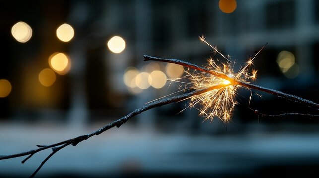 Glowing sparkler on a winter branch at night with bokeh lights in the background.