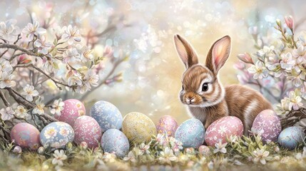 Adorable Easter Bunny amidst Spring Blossoms and Pastel Eggs