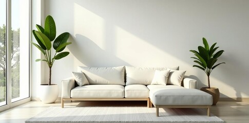 Elegant white living room with indoor plant by beige sofa, containment, comfort, elegant