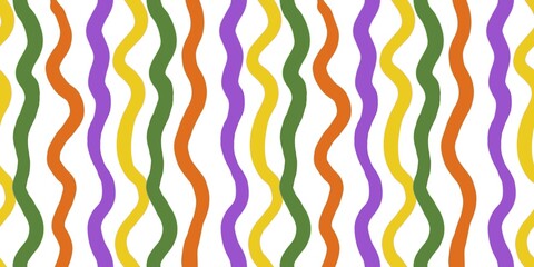 Obraz premium This seamless pattern features wavy, multicolored lines in orange, green, yellow, and purple on a white background. The playful, abstract design is perfect for modern, retro, or festive themes