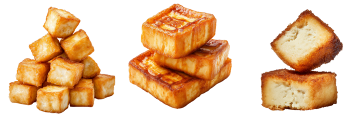Cooking delicious fried tofu cubes kitchen food photography bright lighting close-up culinary art on a transparent background