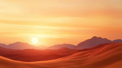 Fototapeta premium A serene desert landscape at sunset, showcasing rolling sand dunes and distant mountains under a warm, glowing sky.