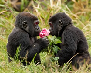Two juvenile gorillas share a rose in a grassy environment