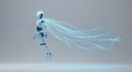
Futuristic robot holding glowing data and fast digital lines, posed like a superhero, symbolizing power, speed, and AI intelligence