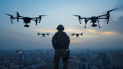 Silhouette of a soldier managing drones for military combat and surveillance missions