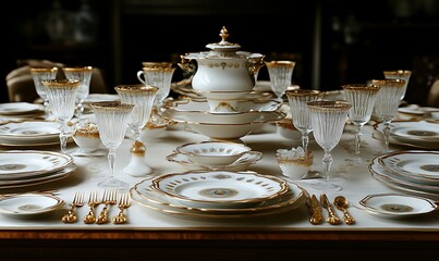 Elegant gold-rimmed porcelain dinnerware set on table in mansion