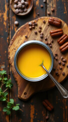 A spoonful of yellow soup with croutons on a wooden table.