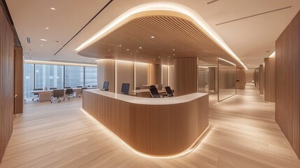 Obraz premium Modern Minimalist Office Interior Design: Sophisticated Workspace with Wooden Accents and Ambient Lighting