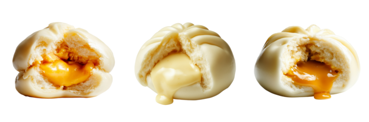 Delicious steamed buns with gooey fillings asian cuisine food photography indoor setting close-up view culinary delight on a transparent background