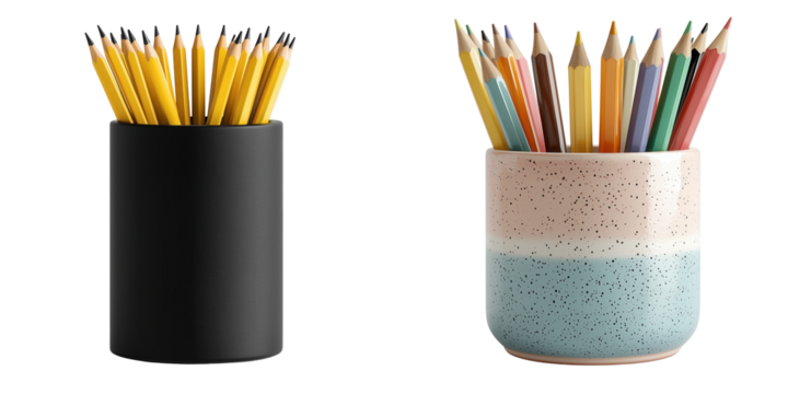 Artistic pencil holders showcase in modern workspace minimalist design