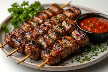 Grilled Meat Skewers, Glazed, Cilantro, and a Bowl of Red Sauce on a Ceramic Plate