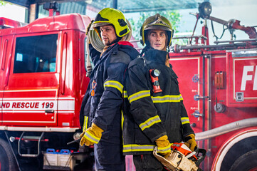 Obraz premium Firefighters in fire fighter safety suit stand in front of Fire truck in emergency situation.. - Safety Firefighter and industrial concept.