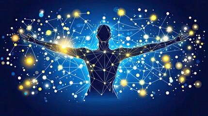 Naklejka premium Abstract figure reaching in a digital network. Background lights, connection theme for tech