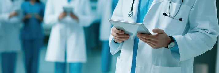 Doctors using digital tablet for medical records review with colleagues in background healthcare setting