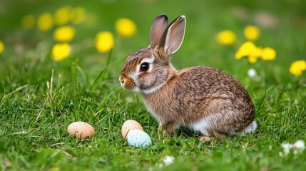 Fototapeta premium cute brown rabbit sitting in field of green grass with decorated eggs and yellow flowers scattered around