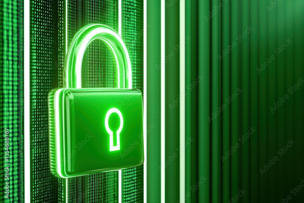 Poster green lock on digital background with binary code