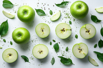 Obraz premium Green apples with leaves and spices, arranged artistically on a wooden table, creating a vibrant and fresh display.