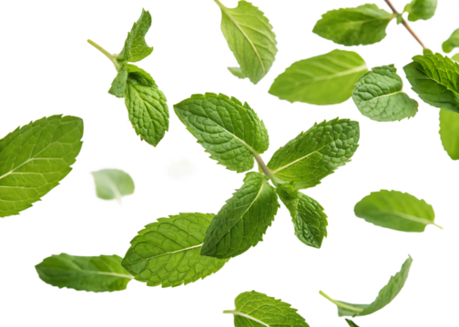 mint leaves flying on white background,  PNG.