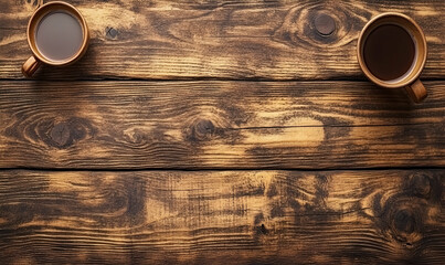 Two rustic mugs of coffee on a dark wooden background, perfect for a cozy autumnal feel.