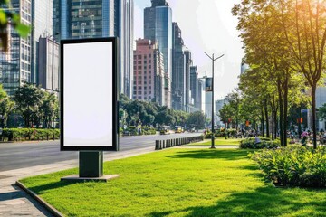 Detailed Visual  of Blank Vertical Street Billboard Poster on Green Grass in the City Road