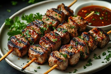 Closeup of Skewered Grilled Meat Cubes Garnished with Parsley, Served with Sauce