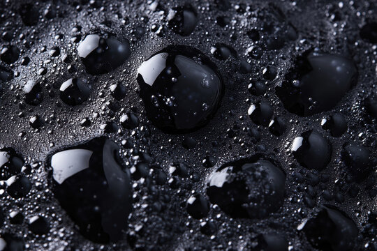 Water droplets on a black surface, reflecting light in intricate patterns, creating a stunning contrast.