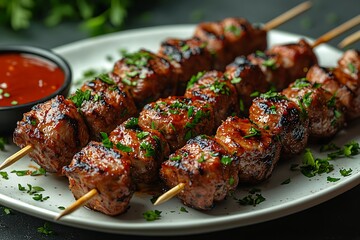 Grilled Meat Skewers with Sauce, Cilantro on White Plate, Closeup Appetizing Cuisine