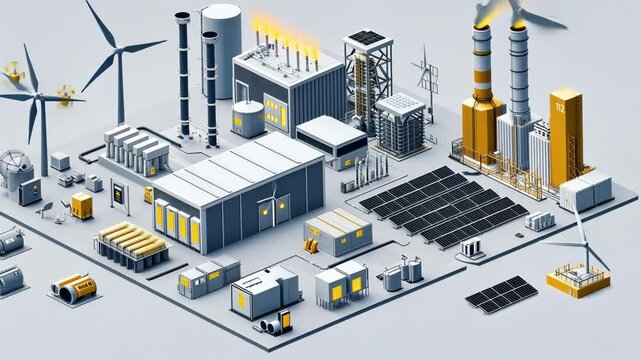 Isometric Illustration of a Modern Energy Power Plant, Featuring Diverse Renewable and Non-Renewable Sources