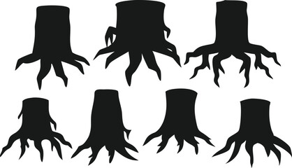 A collection of black silhouette illustrations of tree stumps and their root systems.