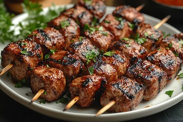 Appetizing Grilled Meat Skewers on Plate with Fresh Parsley Garnish, Closeup View