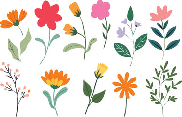 A set of vibrant, flat-style flowers and leaves in various colors (red, orange, pink, yellow, purple) against a white background.