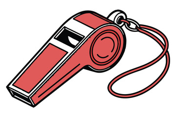 10 Red metal whistle, shiny surface, sports equipment, safety device, loud sound, circular design, metallic texture, bright color, reflective highlights, isolated on white background, studio lighting,