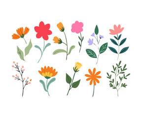 A set of vibrant, flat-style flowers and leaves in various colors (red, orange, pink, yellow, purple) against a white background.