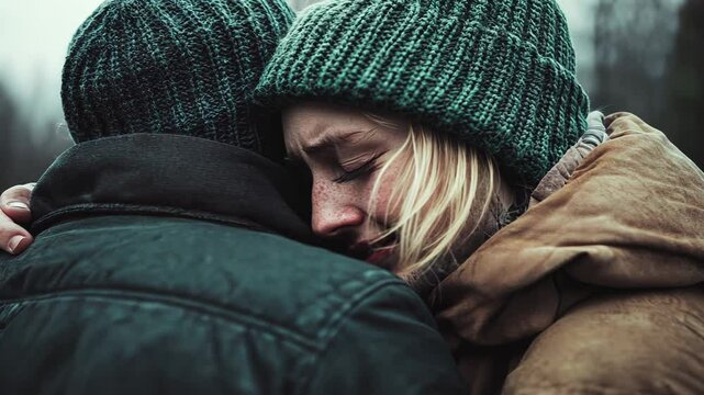 A comforting embrace amidst winter's chill, solace found in shared grief, a poignant moment captured in the woods.